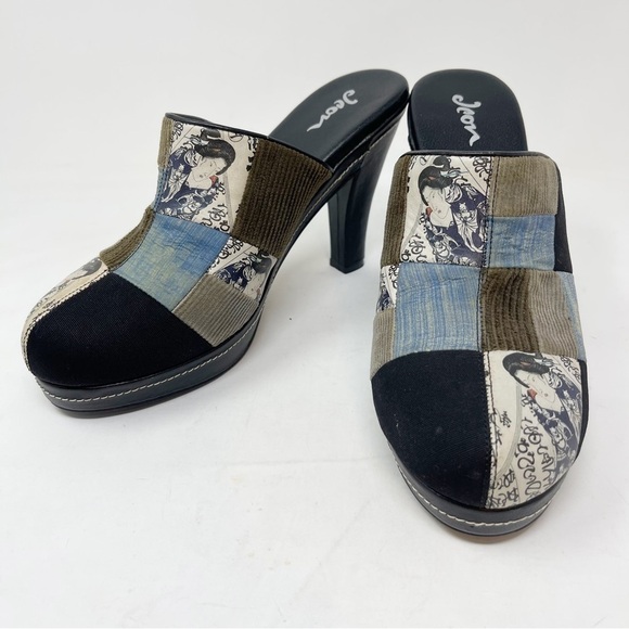 JEON Women’s Platform Leather Silk Patchwork GEISHA Clogs Art To Wear Size 9 - Picture 1 of 10